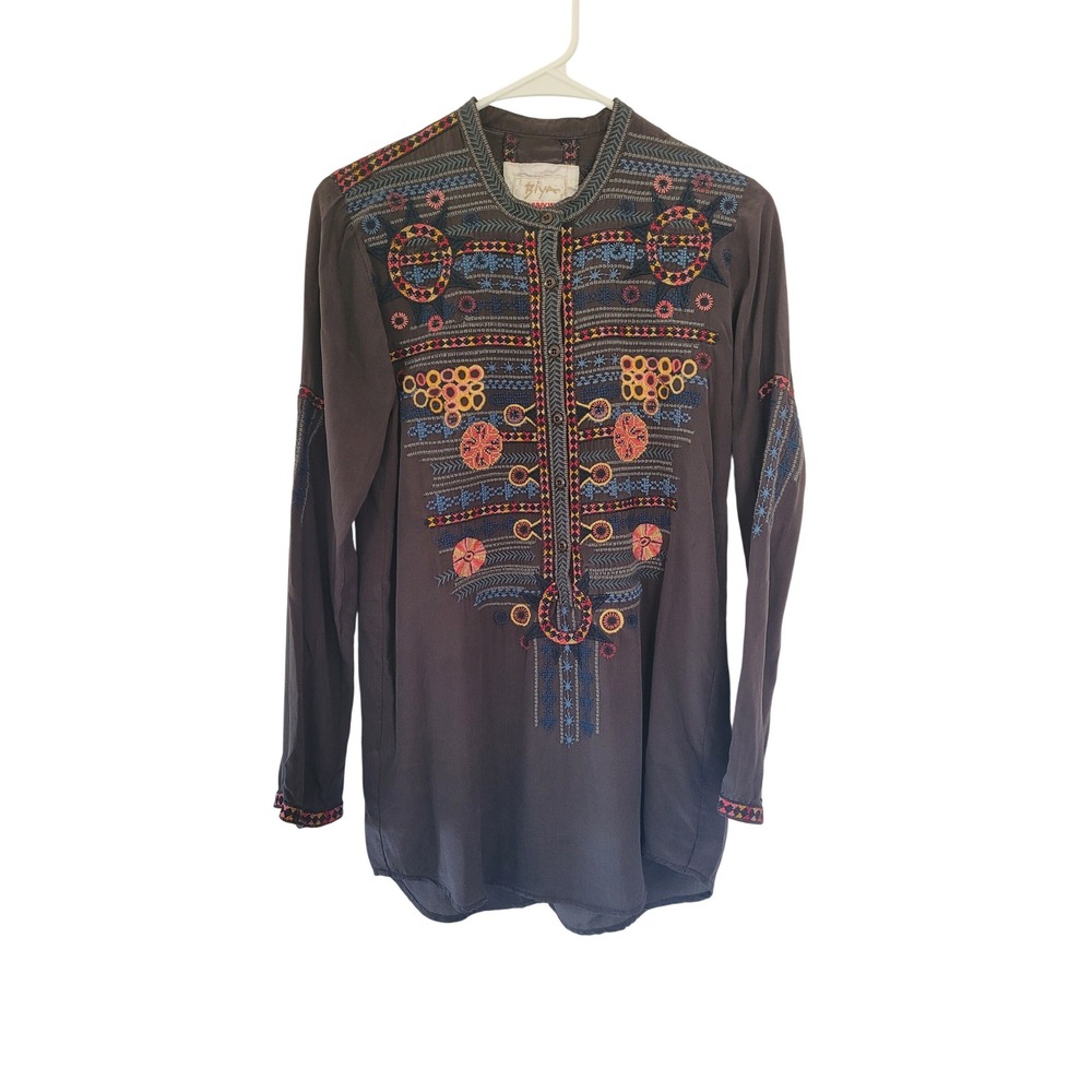 BIYA Johnny Was Embroidered‎ Silk Tunic Top Long Sleeve Bohemian Blouse XS #11